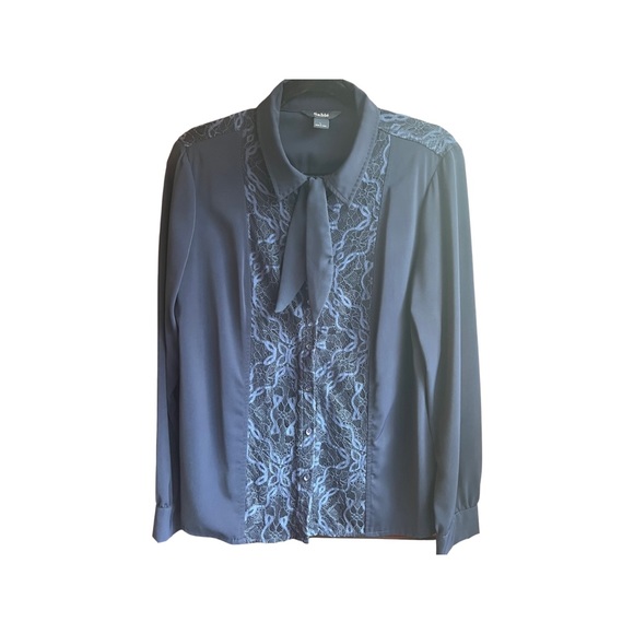 Pretty navy blue button up blouse with lace details and tie. Size large. - Picture 9 of 11